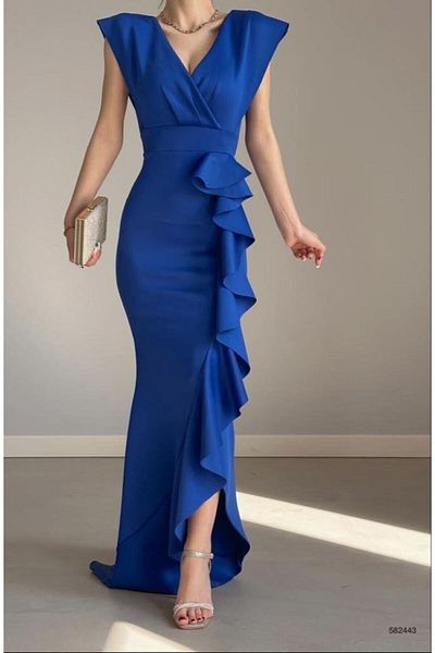 ALFUDO Moda Collection Women's Sax Scuba Diver Fabric Double Breasted Collar Skirt with Flounces Evening Dress Graduation Wedding Dress