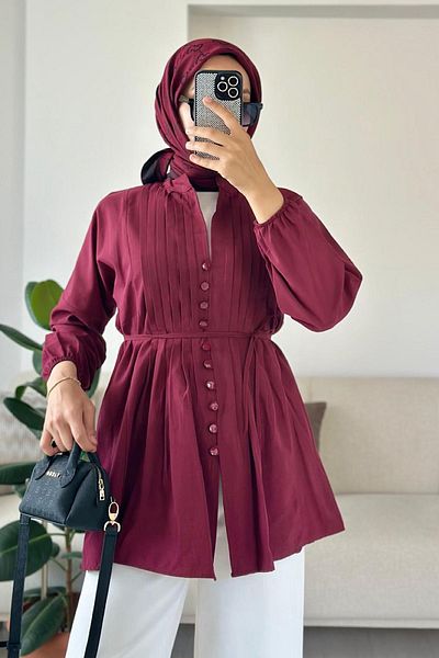 HİFADEN Women's Ribbed Mobile Belted Long Sleeve Buttoned Hijab Shirt