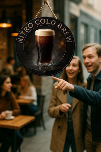 Nod Nitro Cold Brew Themed Round Cafe Sign – Jute Drawstring Wooden Wall & Door Decor |   Barista Ornament