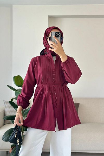 HİFADEN Women's Ribbed Mobile Belted Long Sleeve Buttoned Hijab Shirt