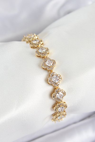 Clariss Brass Zircon Stone Clover Baguette Model Gold Color Vip Series Women's Bracelet