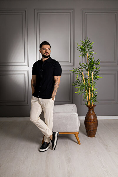 Sarar Επισκέψτε το Polo Neck Rayon Slim Knitwear Μαύρο πουκάμισο T-Shirt