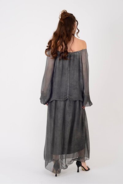 NAVAJO Italian Silk Relief Sequence Madonna Collar Dress Anthracite