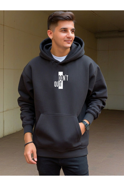 dont quıt Унісекс чорна оверсайз-футболка з капюшоном і принтом DONT QUIT