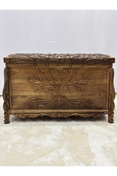 Arıkmert El Sanatları Maraş El Oyma Ceviz Ahşap Çeyiz Sandığı – 95x50x60 cm Büyük Boy Sandık | Hayat Ağacı Model