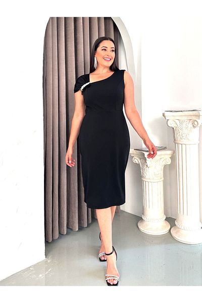 Şirin Butik Women's Black Plus Size One Shoulder Stone Detailed Stretchy Midi Evening Dress