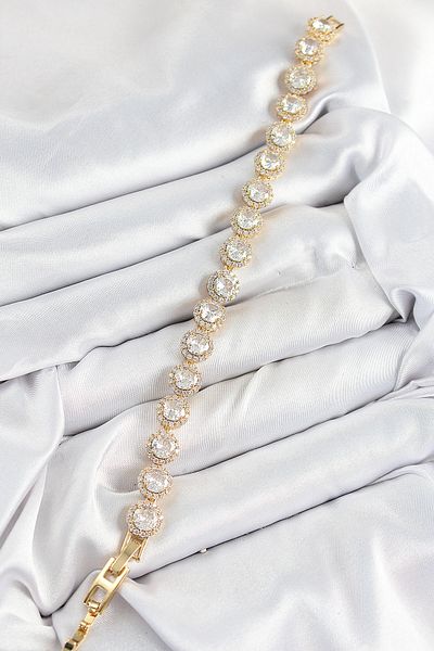 Clariss Brass Zircon Stone Circle Baguette Model Gold Color Vip Series Women's Bracelet