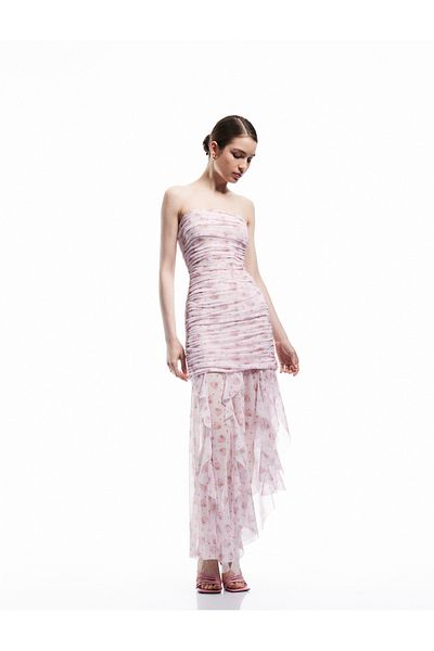 Koton New Season X Sibil Çetinkaya - Slim Fit Ruffle Λεπτομερές ασύμμετρο τούλι Midi Floral