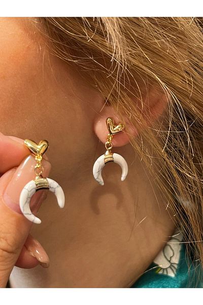 Accessories Hey White Marble Pattern Crescent Moon Shaped Gold Yellow Detailed Dangle Women's Earrings