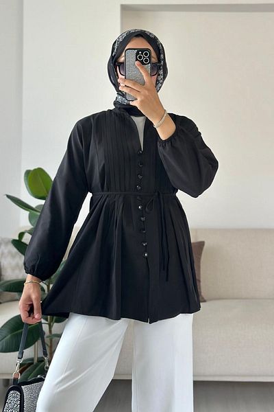 HİFADEN Women's Ribbed Mobile Belted Long Sleeve Buttoned Hijab Shirt