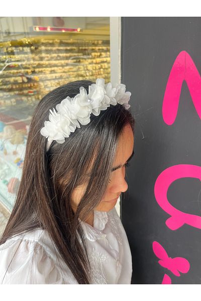 PONÇİK ACCESSORİES White Floral Satin Plated Crown-Engagement Wedding Wedding Bridal Maternity Party Birthday and Children's Crown