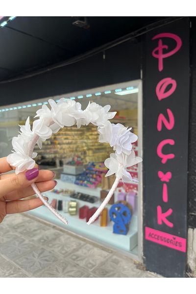 PONÇİK ACCESSORİES White Floral Satin Plated Crown-Engagement Wedding Wedding Bridal Maternity Party Birthday and Children's Crown