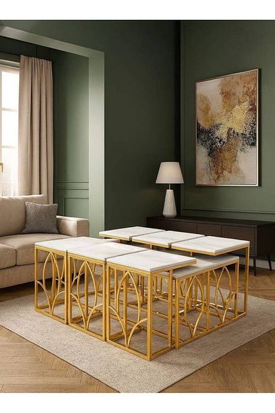 Al Saada Home طقم طاولة تقديم فاخر ١+٦ قطع - ذهبي