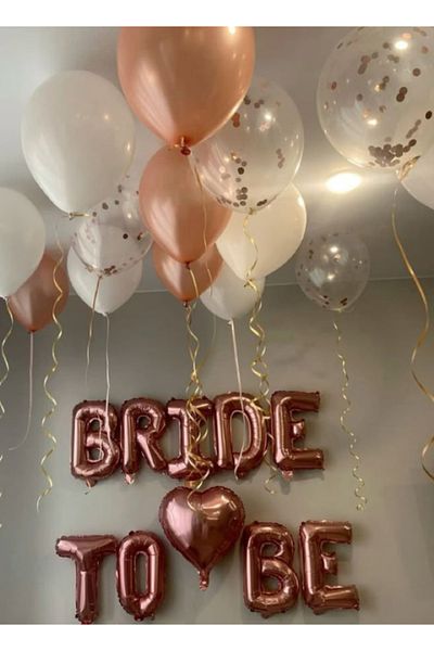 Çemrek Süs Parti Rosegold Bride to Be Foil Balloon Set Heart Foil Balloon and Latex Balloon 32 Pieces