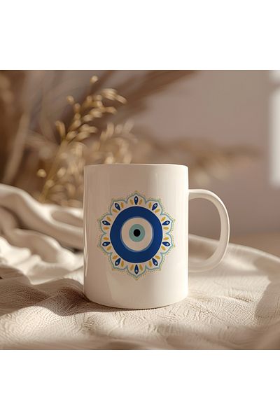 BB TRADE White Ceramic Printed Mug with Evil Eye Bead Design 330ml