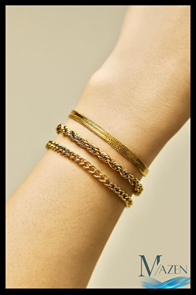 MAZEN Çelik 3’lü Kombin Bileklik | Kararmaz Paslanmaz | Kadın Takı Aksesuar