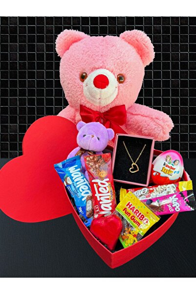 Linalux Gifts Kiza Hediye Kutusu Kolyeli Ayıcıklı ve Çikolatalı ve 35cm Pembe...