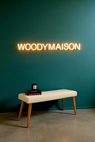 WoodyMaison Puf TABURE 35cm 60cm 42m Retro Ahşap Ayaklı Handmade Çok Amaçlı Kuzu Tüyü Puf Bench Koltuk Sandalye