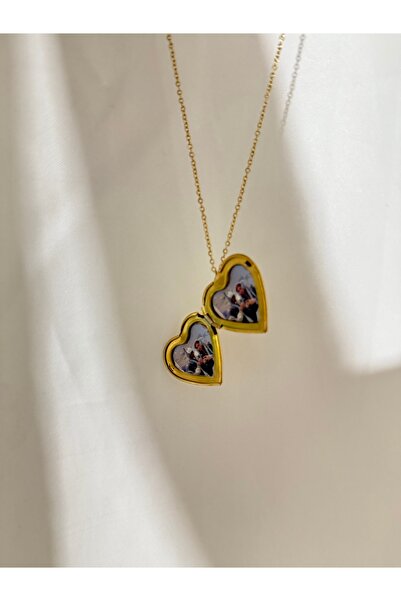 Çelik Gold Kapaklı Kalpli Resimli Kolye - Hiç Çıkarma Kolyesi