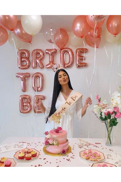 Çemrek Süs Parti Rosegold Bride to Be Foil Balloon Set Crown Sash and Latex Balloon 33 Pieces