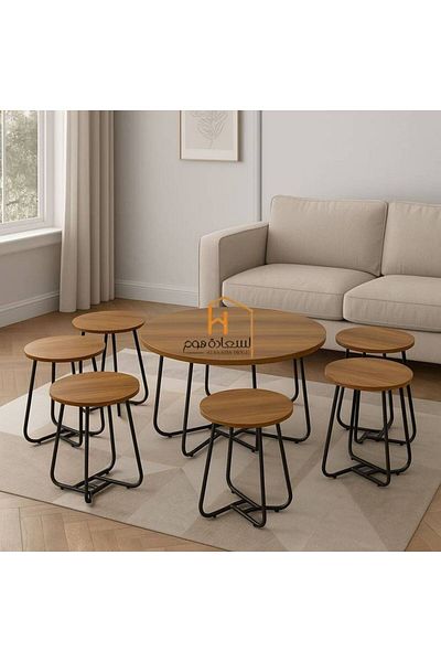 Al Saada Home عرض محدود - طقم طاولة قهوة خشبية ٦+١ - بني
