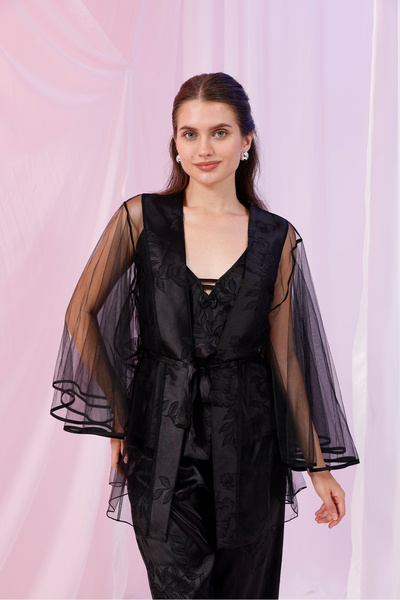 Yulem Homewear Black Satin and Tulle Detailed 3-Piece Dressing Gown Pajama Set