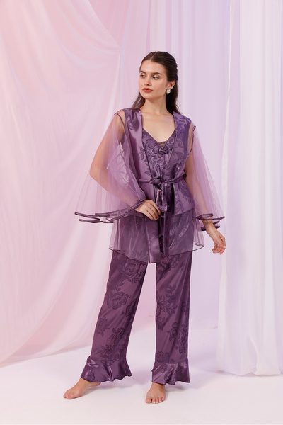 Yulem Homewear Purple Satin and Tulle Detailed 3-Piece Dressing Gown Pajama Set
