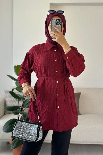 HİFADEN Women's Tokyo Fabric Mobile Belted Gold Buttoned Long Sleeve Hijab Shirt