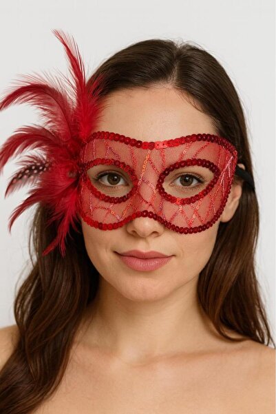 NW NessiWorld Kırmızı Renk Yandan Tüylü Pul Payet İşlemeli Parti Maskesi 23x1...