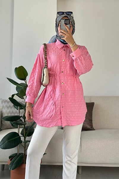 HİFADEN Women's Tokyo Fabric Mobile Belted Gold Buttoned Long Sleeve Hijab Shirt