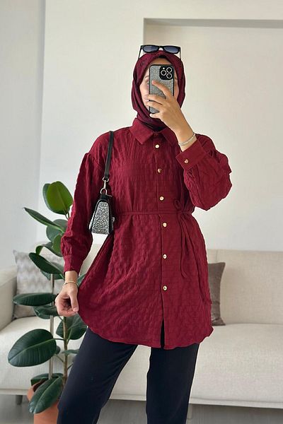 HİFADEN Women's Tokyo Fabric Mobile Belted Gold Buttoned Long Sleeve Hijab Shirt
