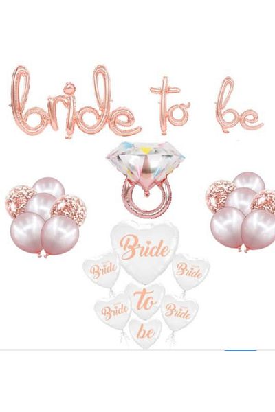 Çemrek Süs Parti Rose Bride to Be Foil Balloon Single Stone Heart Foil Balloon Set 27 Pieces