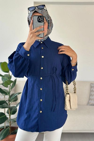 HİFADEN Women's Tokyo Fabric Mobile Belted Gold Buttoned Long Sleeve Hijab Shirt