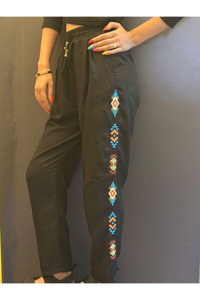 Gönülden Tasarım Ethnic Look Patterned Black Women's Pants Size m