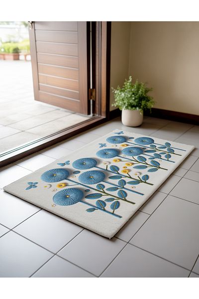 Artvibe Punch Embroidery Pattern Digital Printed Blue White Summer Themed Floral Door Mat
