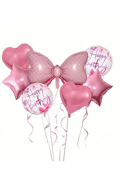 Çemrek Süs Parti Pink Bow Heart Star Round Foil Balloon Set 7 Pieces