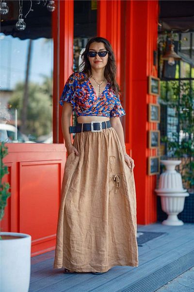 Miss Boheme Earth Color Belt Detailed Linen Skirt