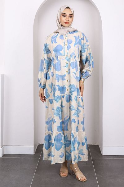 İmajButik Φόρεμα Indigo με μισό κουμπί με μοτίβο