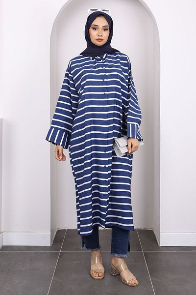 İmajButik Μπλε ναυτικό μανίκι ριγέ Modal τουνίκ