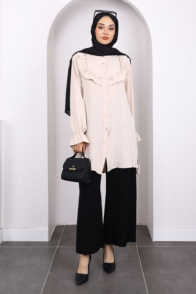 İmajButik Μπεζ μπροστινό βολάν Ayrobin τουνίκ