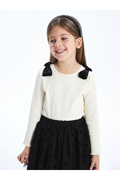 LC Waikiki Ecru Crew Neck Ribbon Detailed Girl's Blouse