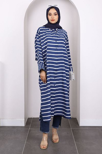 İmajButik Μπλε ναυτικό μανίκι ριγέ Modal τουνίκ