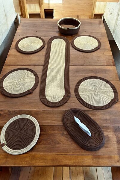 KRAFTELLA طقم تقديم 7 قطع بني-ذهبي – مفرش بيضاوي + سوبرا + حامل مناديل + صيني...