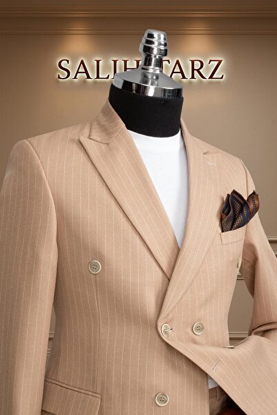 Salihtarzz Takım Elbise Kruvaze SlimFit Krem Çizgili SD42178