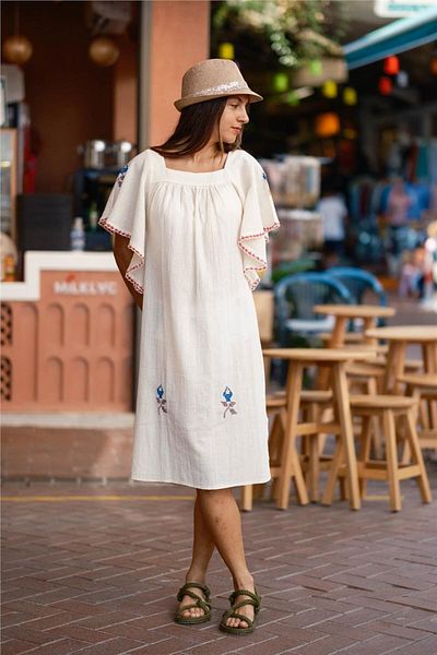 Miss Boheme Cream Color Embroidered Floral Patterned Şile Cloth Dress