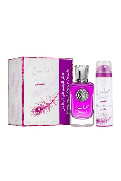 lattafa Set Mahasin Crystal Violet, eau de parfum 100 ml and deodorant 50 ml, women
