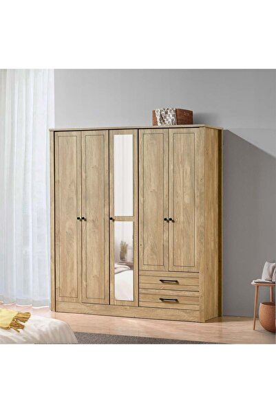 Danube Home خزانة ملابس أثينا بخمسة أبواب مع أدراج ومرآة - لون بلوط فاتح (طول ١٩٤ سم × عرض ٥٥ سم × ارتفاع ٢١٣ سم)