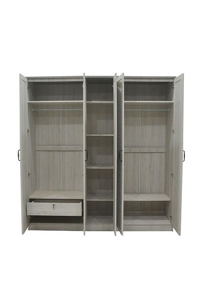 Danube Home Zenith 5 Door Wardrobe with Drawers & Mirror - White Oak/Cement L200xW55xH210cm