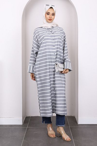 İmajButik Γκρι μανίκι νυχτερίδας ριγέ Modal τουνίκ