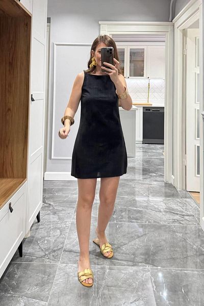 Banu Angay Rochie căptușită din in Antoryum Negru